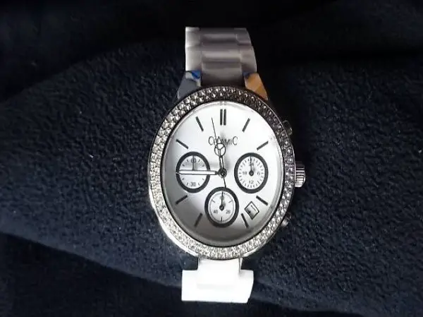 Damen Armband Uhr Chronograph weiss Ceramic Mineralglas