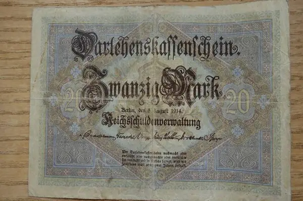 20 Mark Darlehenskassenschein 2x Reichsschuldverwalt. D 1914