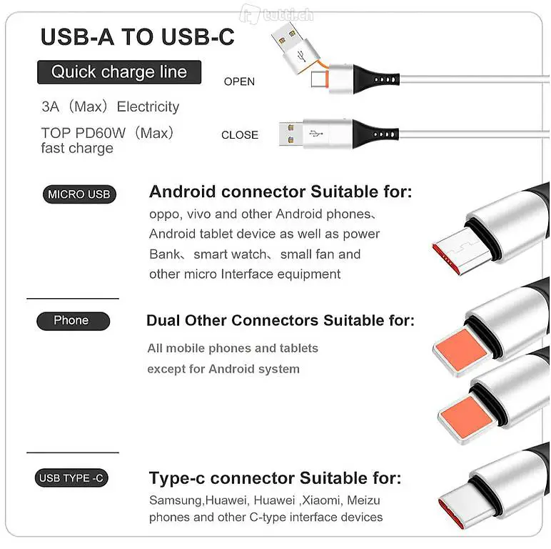  3A/1.2M Multi USB Ladekabel, 6 in 1 Telefon USB A/USB-C