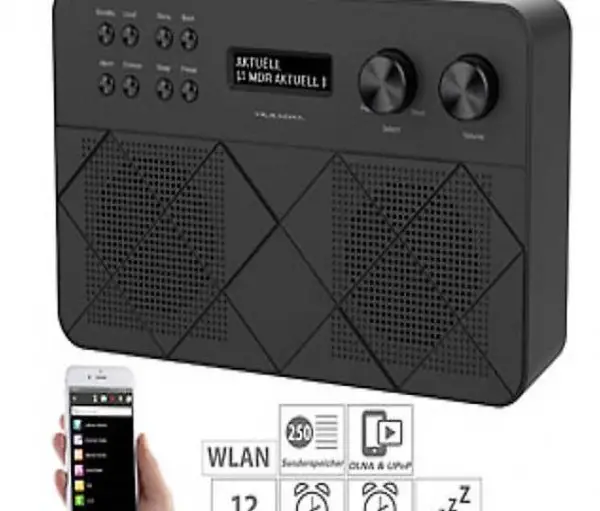  Mobiles Stereo-Internetradio mit LCD, 2 Weckzeiten und App,