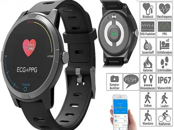  Fitness-Uhr mit Bluetooth, Herzfrequenz- und EKG-Anzeige, Ap