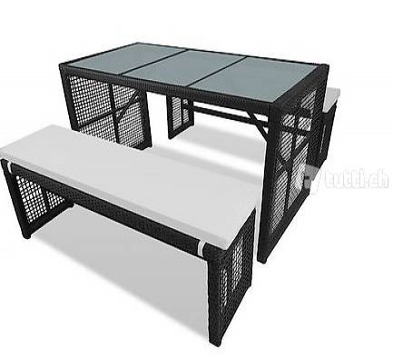  Polyrattan-Gartenmöbel Set 1 Tisch und 2 Bänke schwarz