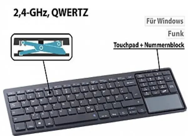  Slim-Funktastatur mit Touchpad, Ziffernblock, Scissor-Tasten
