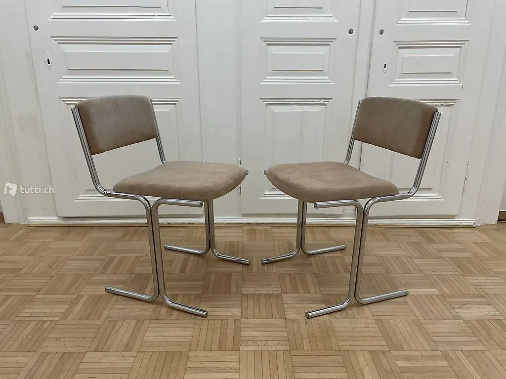 2x spezieller Stahlrohr Polster Stuhl vintage Designerstuhl