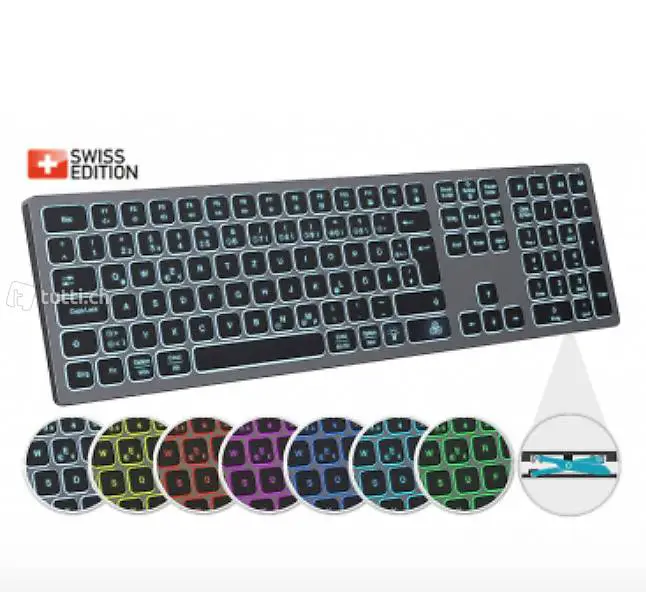  Funk-Tastatur mit 7-farbiger Beleuchtung, Slim-Design, 10 m,