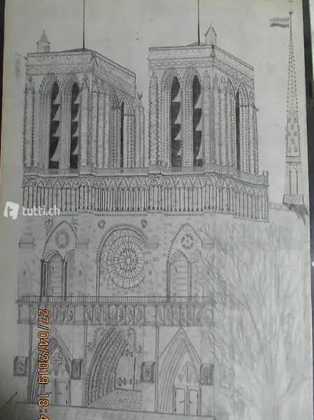  Notre Dame Paris Kunstwerk gezeichnet 1975 von R.W