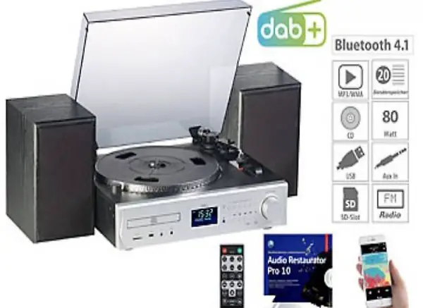  Plattenspieler/Digitalisierer, DAB+, CD, Bluetooth, MC, USB,