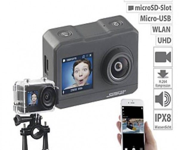 UHD-Action-Cam mit 2 Displays, WLAN und Sony-Bildsensor, IPX
