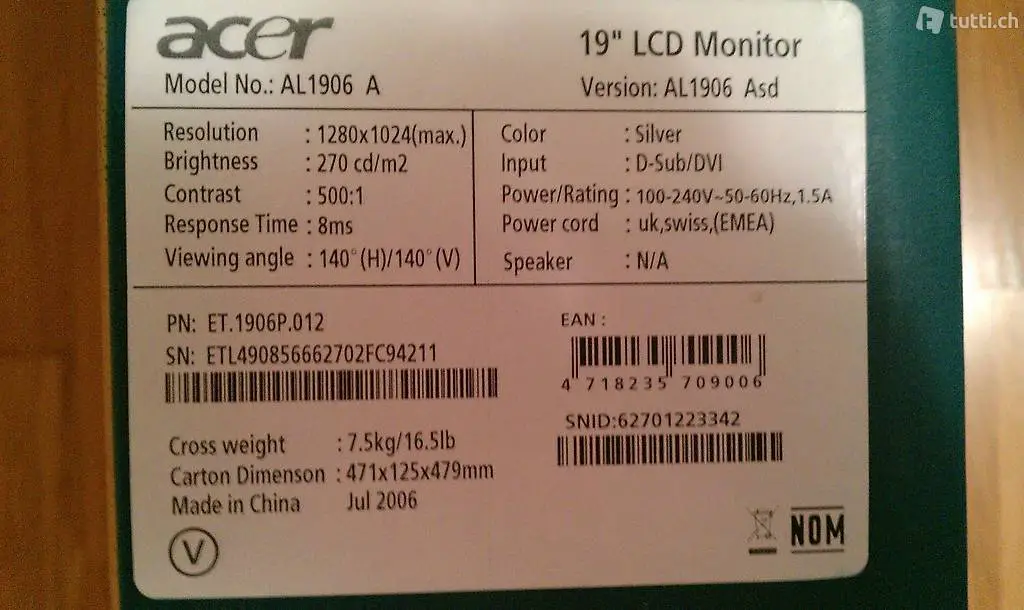 Monitor Acer 19"