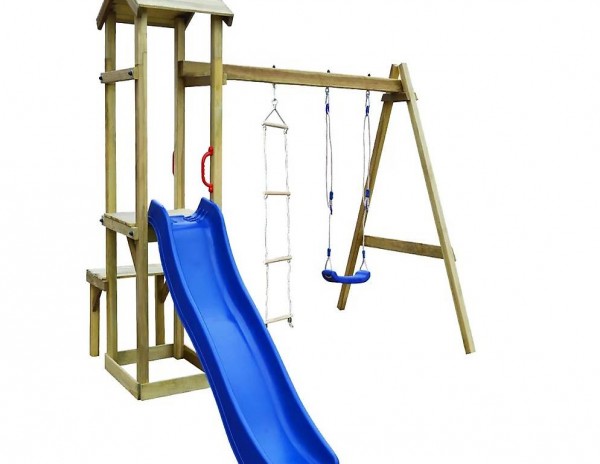  Spielturm mit Rutsche Schaukel Leiter 238×228×218 cm Holz
