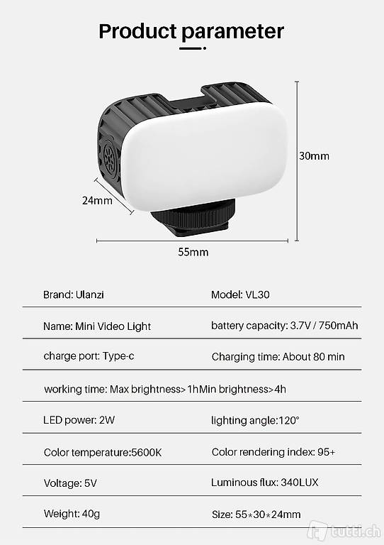  Ulanzi VL30 Mini LED Video Licht mit Weichen Diffuser Gopro